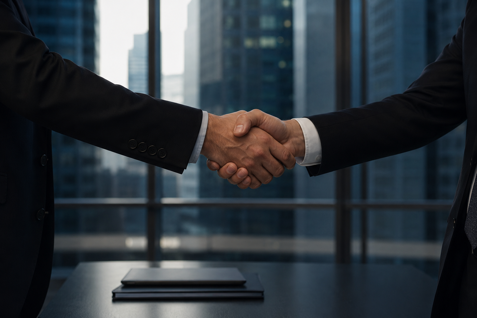 Two people shaking hands in an office overlooking the city